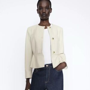 ZARA NWT Faux Leather Cream Peplum Blazer with Gold Buttons Sz M 2126/872 formal